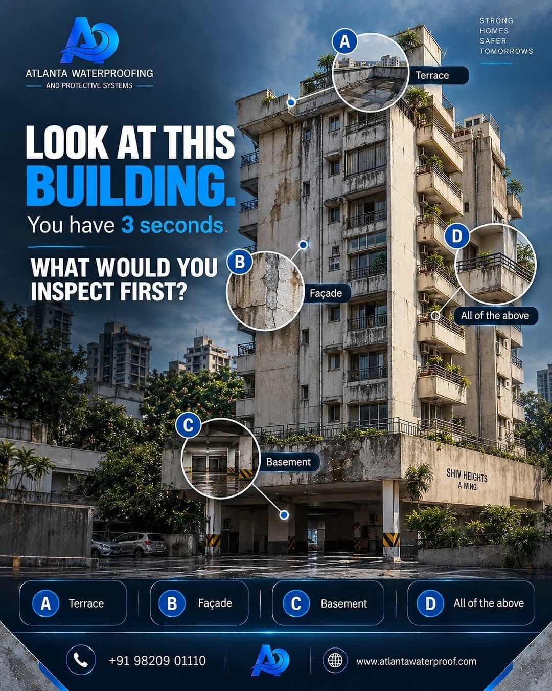 Instagram graphic mapping where water enters a Mumbai building: terrace, basement, podium, façade and structural joints.