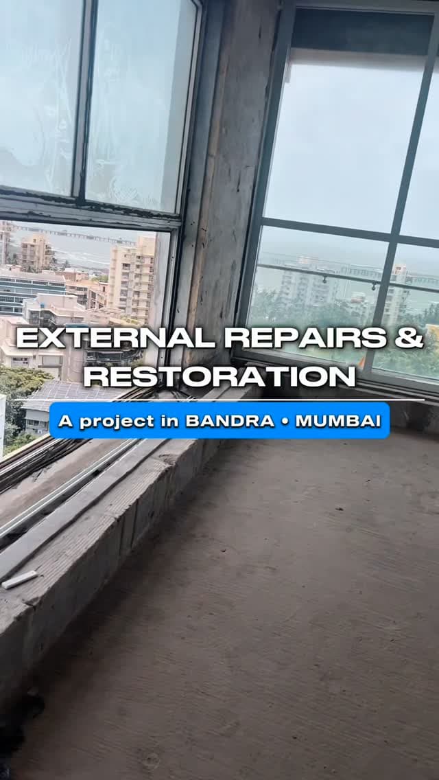 Unfinished corner room of a high-rise in Bandra with sea views, captioned External repairs and restoration, a project in Bandra, Mumbai.