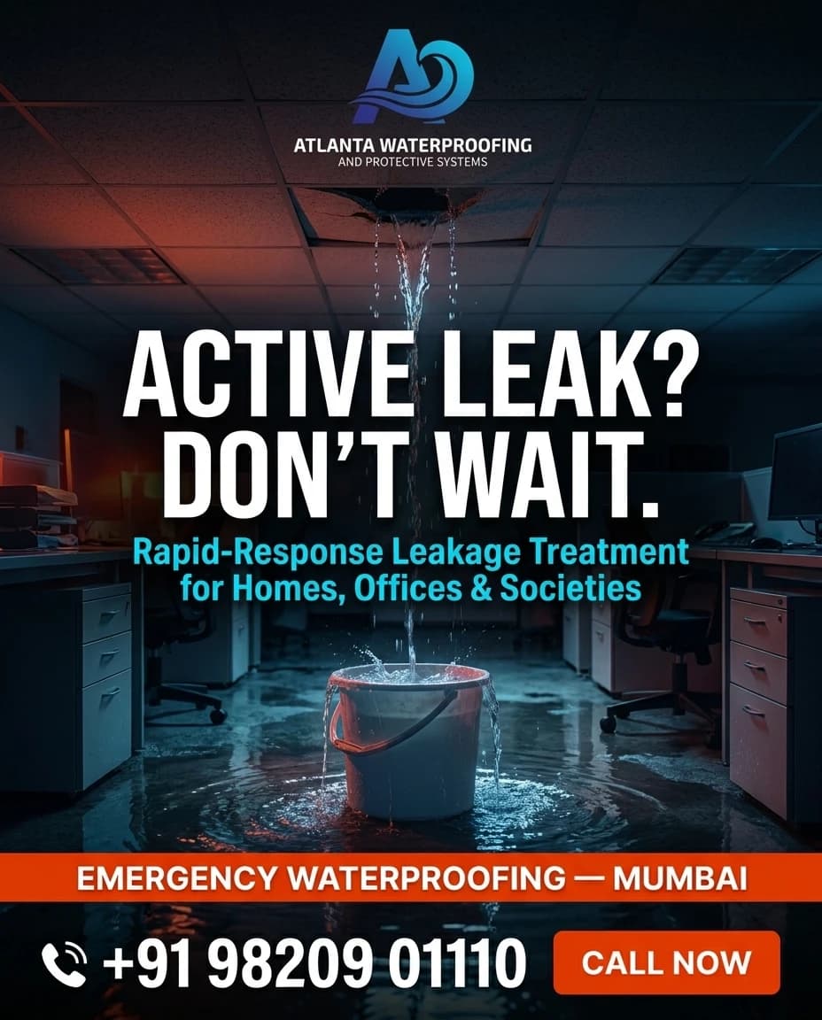 Atlanta Waterproofing campaign poster: water pouring through an office ceiling into a bucket, headlined 'Active leak? Don't wait. Rapid-response leakage treatment for homes, offices & societies'.