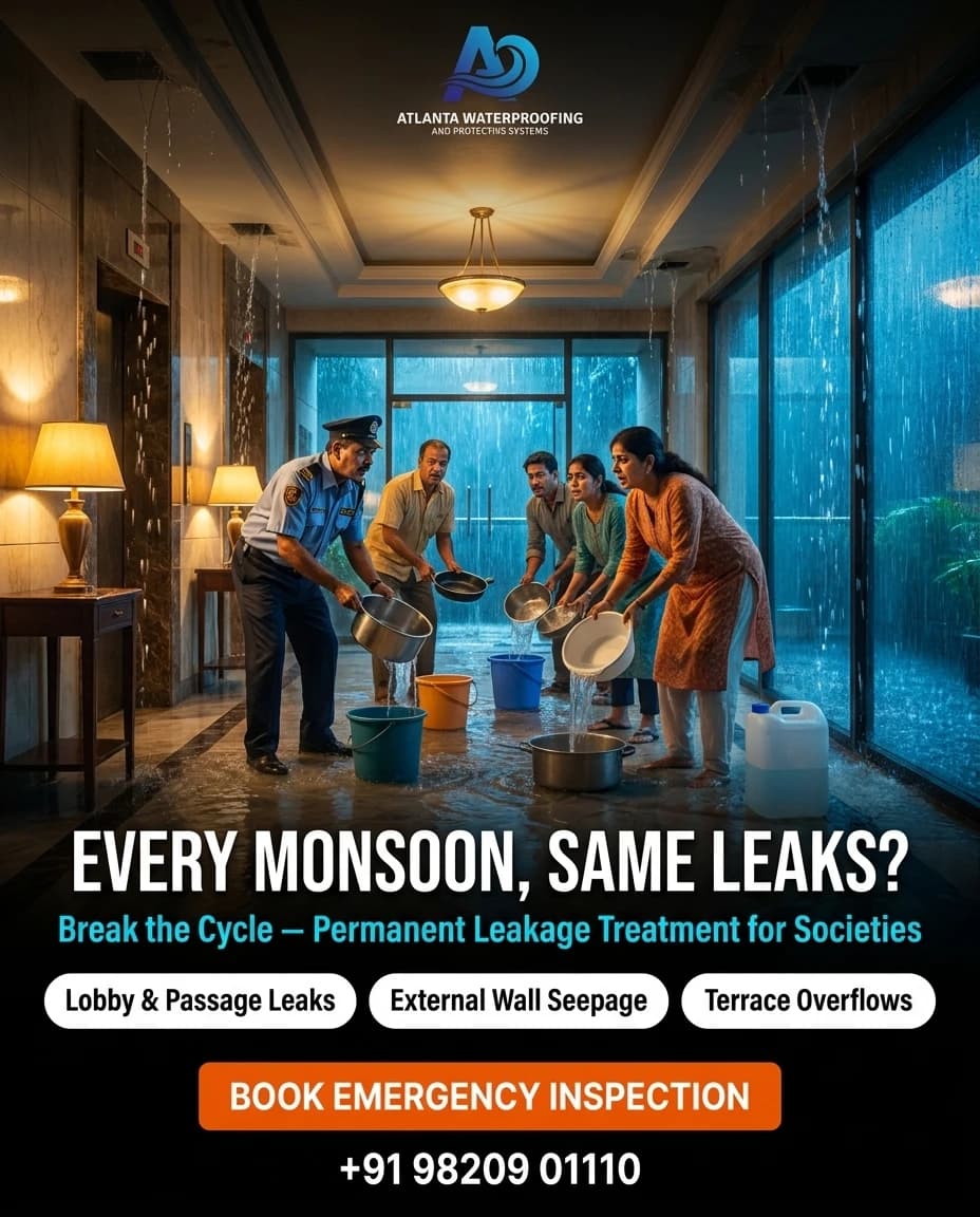 Atlanta Waterproofing campaign poster: residents bailing water from a flooded society lobby, headlined 'Every monsoon, same leaks? Break the cycle — permanent leakage treatment for societies'.