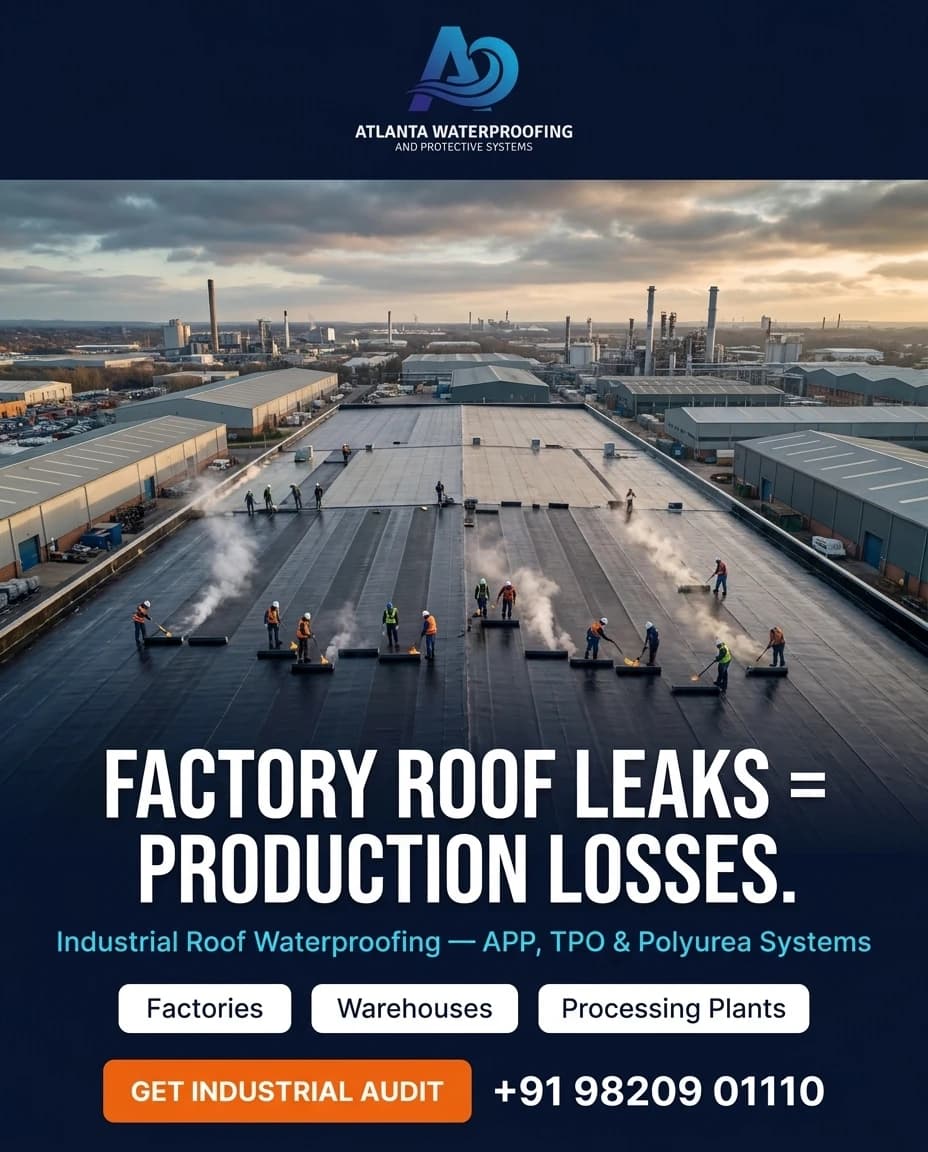 Atlanta Waterproofing campaign poster: a crew torch-applying membrane across a large industrial roof, headlined 'Factory roof leaks = production losses — industrial roof waterproofing with APP, TPO & polyurea systems'.