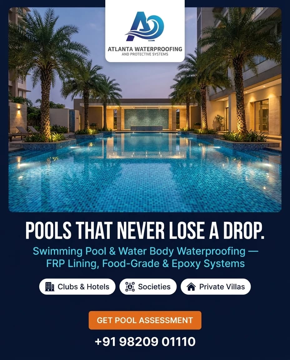 Atlanta Waterproofing campaign poster: a lit resort swimming pool at dusk, headlined 'Pools that never lose a drop — swimming pool & water body waterproofing with FRP lining, food-grade & epoxy systems'.
