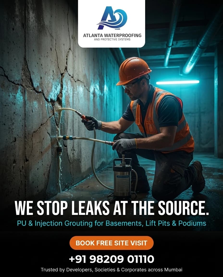 Atlanta Waterproofing campaign poster: a technician injection-grouting a cracked basement wall, headlined 'We stop leaks at the source — PU & injection grouting for basements, lift pits & podiums'.