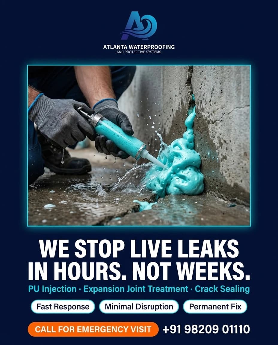 Atlanta Waterproofing campaign poster: PU foam sealing an active crack in concrete, headlined 'We stop live leaks in hours. Not weeks — PU injection, expansion joint treatment & crack sealing'.