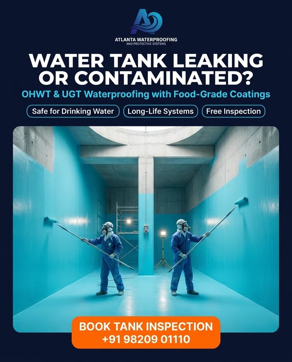 Atlanta Waterproofing campaign poster: two technicians applying a blue food-grade coating inside a concrete water tank, headlined 'Water tank leaking or contaminated? OHWT & UGT waterproofing with food-grade coatings'.
