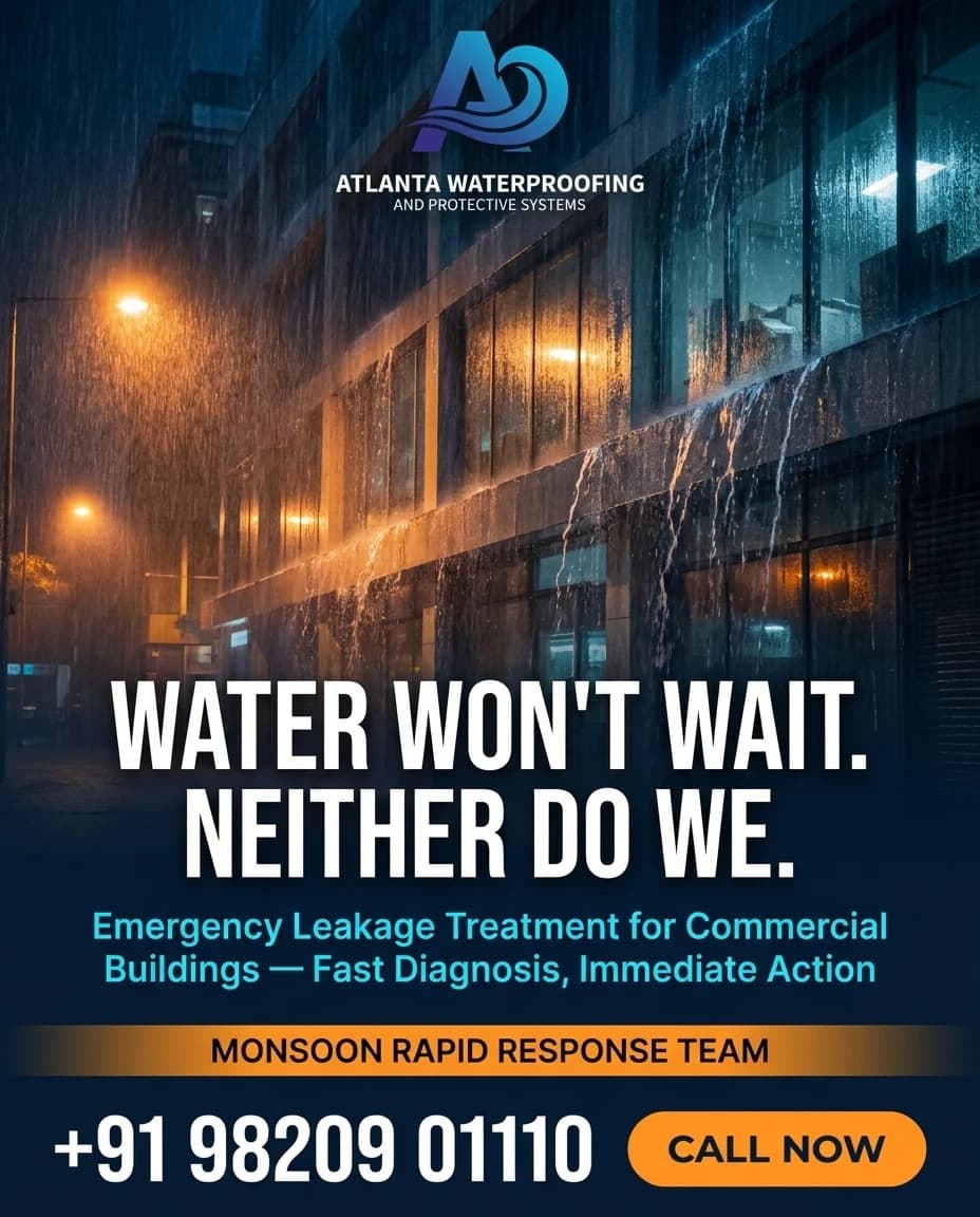 Atlanta Waterproofing campaign poster: rain streaming down a commercial building facade at night, headlined 'Water won't wait. Neither do we — emergency leakage treatment for commercial buildings'.