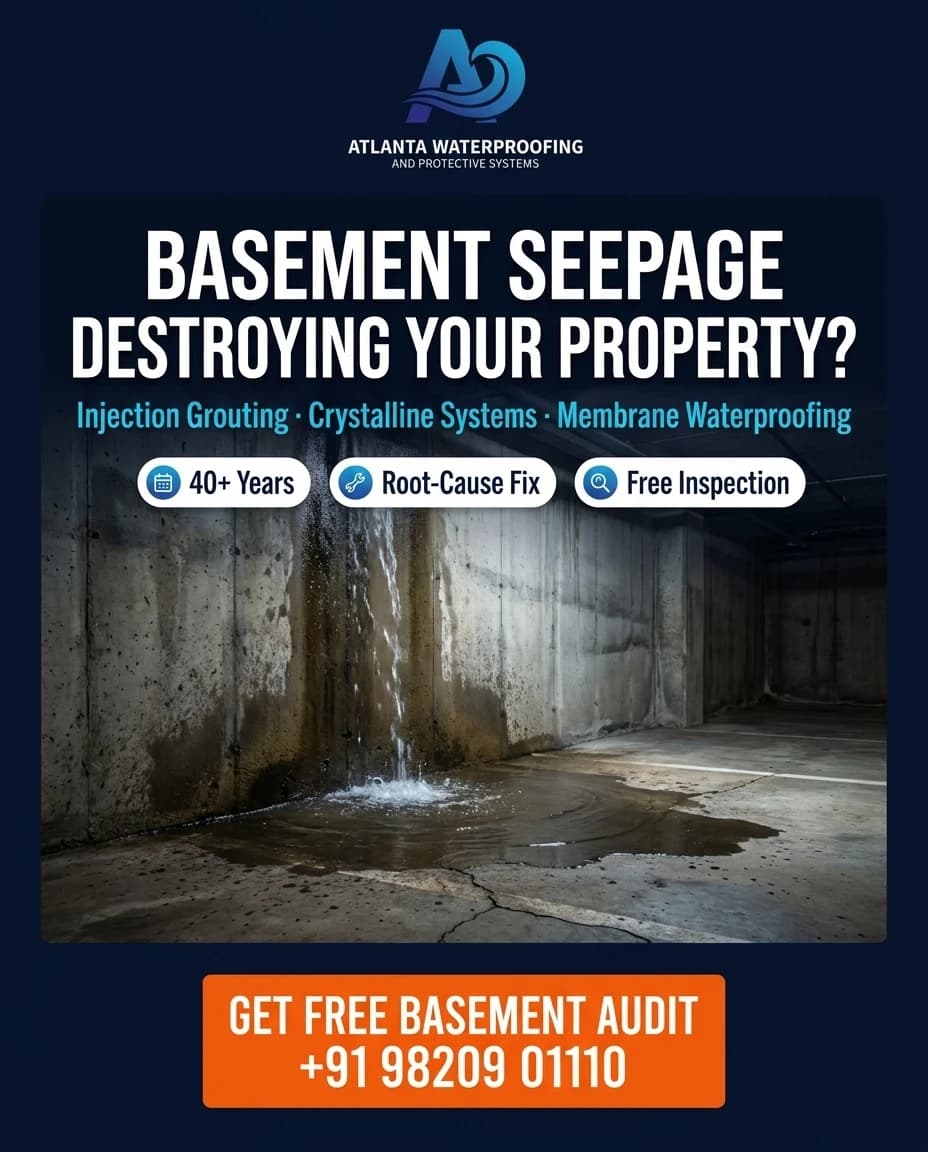 Atlanta Waterproofing campaign poster: water streaming down a basement wall, headlined 'Basement seepage destroying your property?' with Injection Grouting, Crystalline Systems and Membrane Waterproofing.