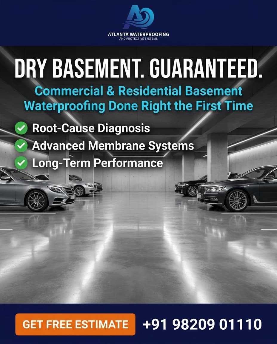 Atlanta Waterproofing campaign poster: a clean car-park basement, headlined 'Dry basement. Guaranteed.' with root-cause diagnosis, advanced membrane systems and long-term performance.