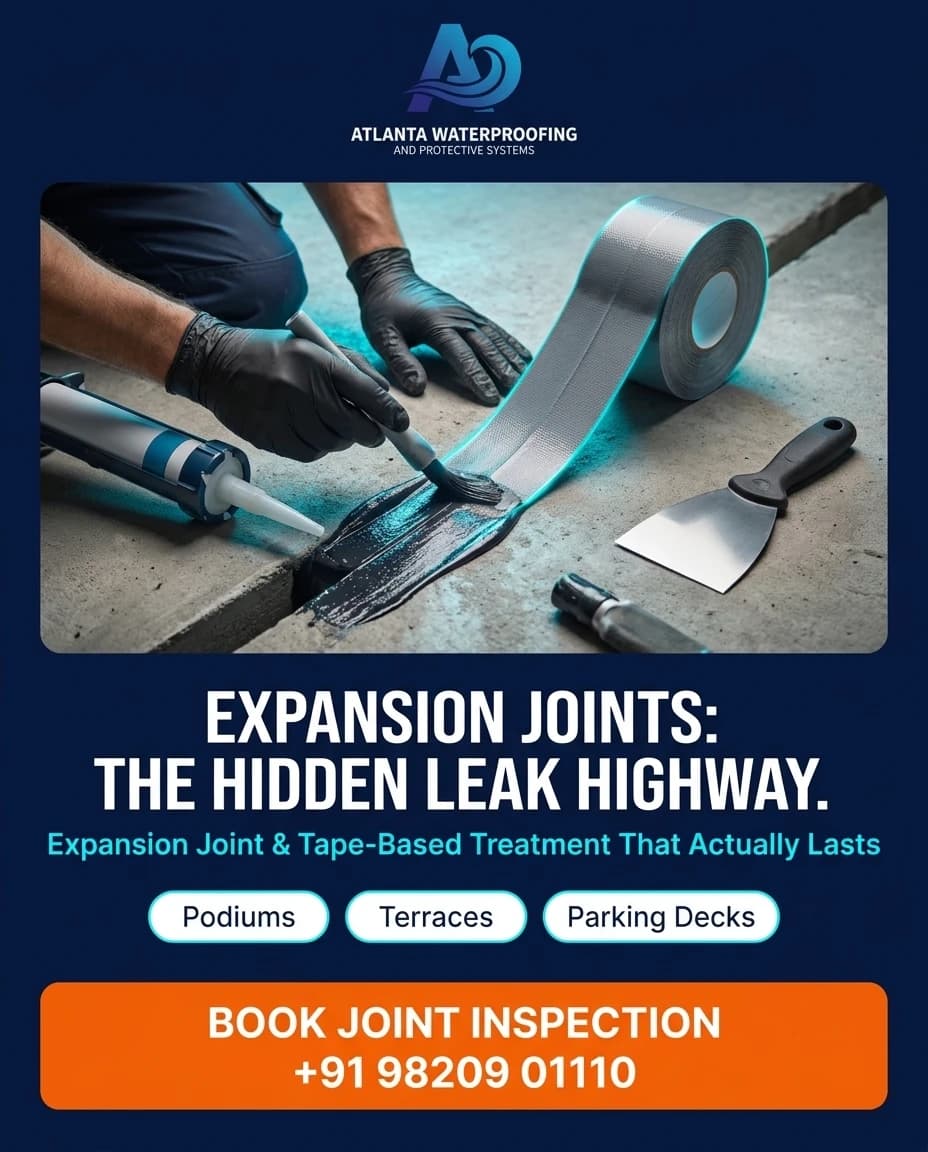 Atlanta Waterproofing campaign poster: a technician sealing an expansion joint with tape and coating, headlined 'Expansion joints: the hidden leak highway — expansion joint & tape-based treatment that actually lasts'.