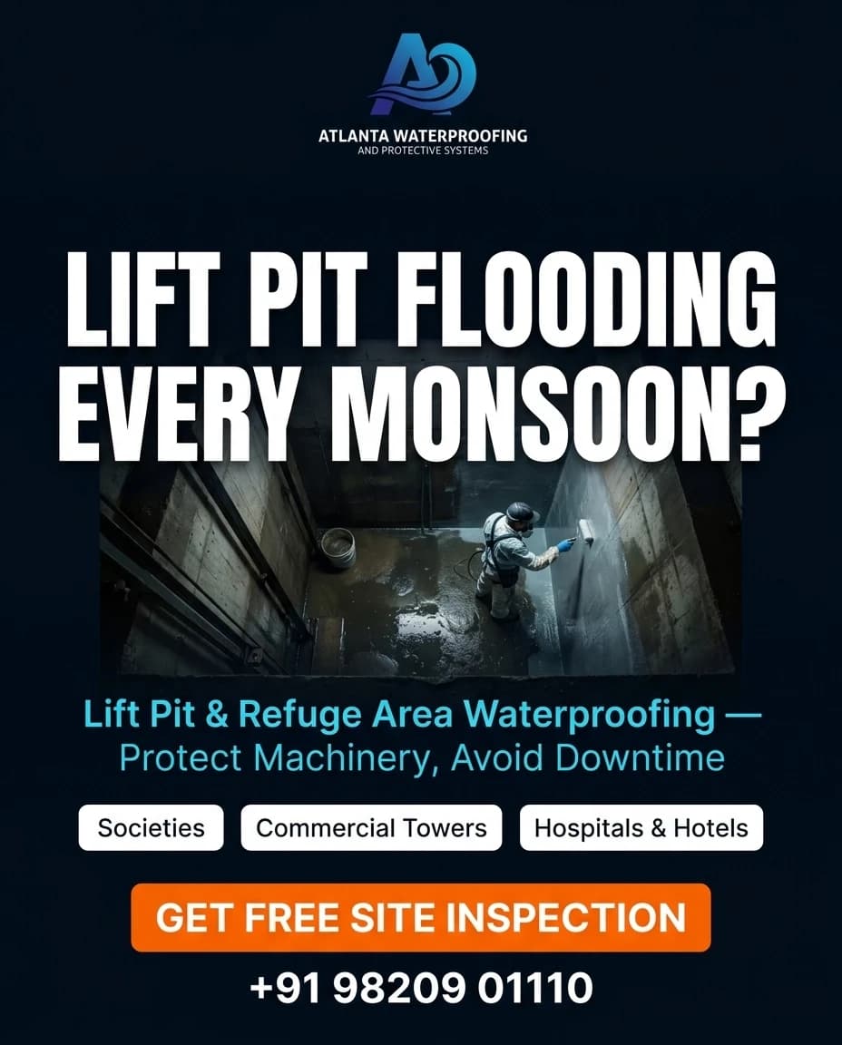 Atlanta Waterproofing campaign poster: a worker coating a deep lift pit, headlined 'Lift pit flooding every monsoon? Lift pit & refuge area waterproofing — protect machinery, avoid downtime'.