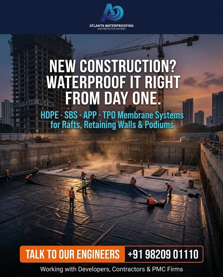 Atlanta Waterproofing campaign poster: workers laying membrane across a large excavation at dusk, headlined 'New construction? Waterproof it right from day one — HDPE, SBS, APP & TPO membrane systems for rafts, retaining walls & podiums'.